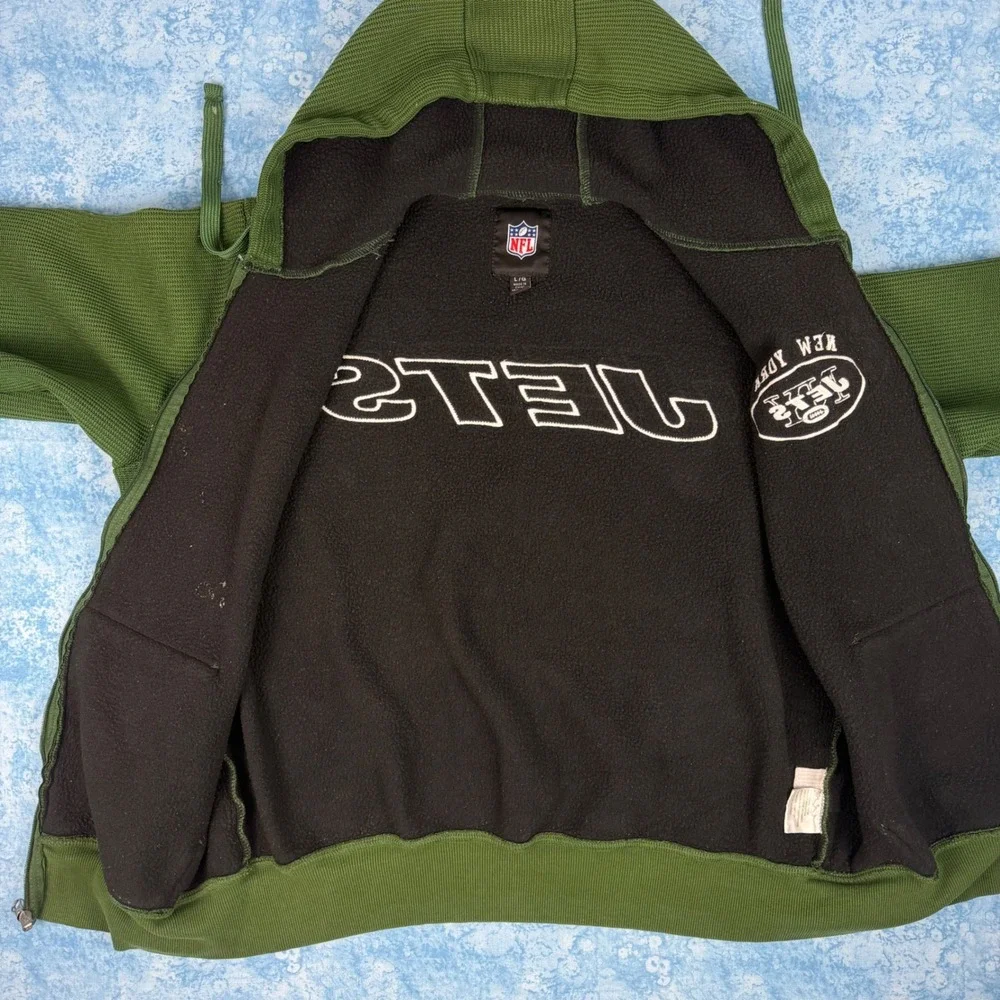 NFL New York Jets Full Zip Waffle Knit Fleece Lined Hoodie Green Mens Large